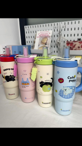 แก้ว แก้วเก็บความเย็น สแตนเลส 316 แบบมีหูหิ้ว มีด้ามจับถนัด พกหาสะดวก มีหลอดในตัว จุขนาดใหญ่ ถ้วยใส่ในรถยนต์