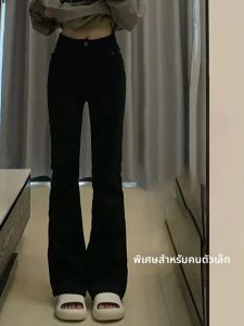 กางเกงยีนส์ทรงขาบานเอวสูงสไตล์ย้อนยุคสีดำสำหรับผู้หญิงไซส์เล็ก กางเกงขายาวทรงเข้ารูป ทรงขาบาน ทรงลำลอง ฤดูใบไม้ผลิและฤดูใบไม้ร่วง