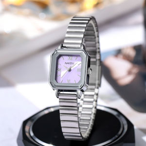 นาฬิกาหน้าปัดทรงสี่เหลี่ยมไม้ไผ่สำหรับผู้หญิงอารมณ์แปรปรวนแบบเรียบง่ายสแตนเลสสายเหล็กสีไม่ซีดจางนาฬิกาข้อมือลำลองของผู้หญิง