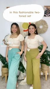 ZEALO Rylee Square Neck Puff Sleeves Crop Top and Wide Leg Pants Terno Coordinates Set Linen Small Medium Semi-Large Teal Black Choco Army Olive Old Rose Sage Powder Blue