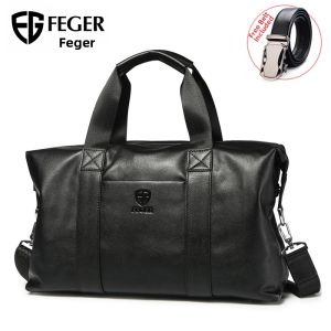 FEGER | Large Capacity Mens Leather Fitness Bag Handheld Short Trip Business Travel Bag Durable Polyester Lining Single Strap Shoulder