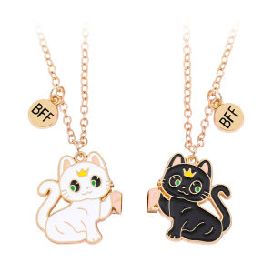 2pc Cute Cat Magnetic Necklace for Women Princess Heart Best Friend BFF Alloy Jewelry Cartoon Pendant