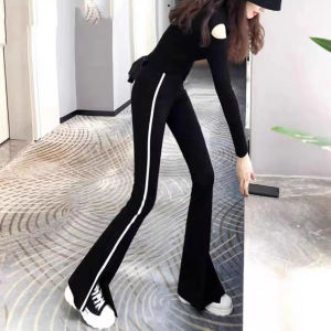 Slim Fit High Waist Sporty Pants Womens Summer Thin Long Trousers Elastic Waist Casual Striped Flared Pants Side Slit