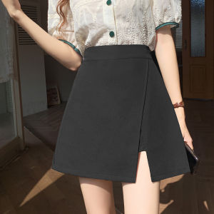 Váy Mini Chữ a Cạp Cao Màu Xám Mùa Hè Cho Nữ Váy Ngắn Bó Sát Hở Một Bên Quần Hai Mảnh Giả Phong Cách Công Sở Hàn Quốc