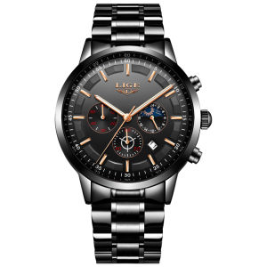 LIGE Business Watches Mens Top Brand Luxury Quartz Wristwatch 3Bar Waterproof Chronograph Luminous Watch for Gentleman Gift+Box