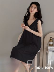 MiiOW | ชุดนอนผู้หญิงผ้าฝ้ายแท้บางฤดูร้อน ชุดนอนผ้าฝ้ายระบายอากาศได้ดี ชุดนอนแขนกุด กระโปรงยาวปานกลาง ลำลอง สัมผัสหรูหรา เสื้อผ้าสำหรับใส่อยู่บ้าน