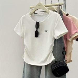 Áo Thun Cotton Tay Ngắn Màu Xám Ren Viền Pure Cotton Dành Cho Nữ Mùa Hè Mới Xếp Ly Eo Thắt Nút Bướm Áo Thun Cổ Tròn