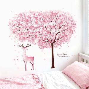 Decal giấy dán tường Hoa anh đào Hươu Hồng Có keo sẵn Trang trí phòng khách phòng ngủ 74*85 cm