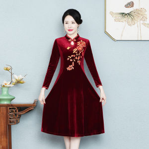 Gold Velvet Improved Cheongsam Womens Spring Autumn Style Middle-Aged Mommy Dress Elegant New Wedding Dinner Dress Gown