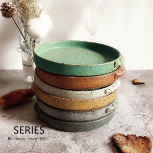 Nhà Bếp Nhật Bản Tròn Thủ Công Cốc Gốm Dày Nghệ Thuật Cổ Điển Bát Đĩa Đế Phẳng Bát Đĩa Hai Tai Bát Đĩa Sứ Tròn