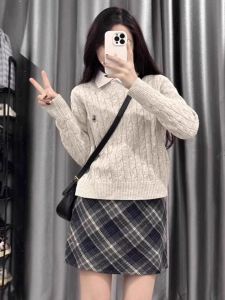 Fall Womens Long Sleeve Knitted Sweater Korean College Style Twist Knit round Neck Overhead Top Loose Fit Commute Fashion