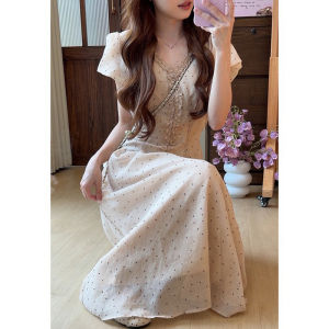 SUSIEYUAN | French Pink Polka Dot Long Dress Small-Figure Friendly