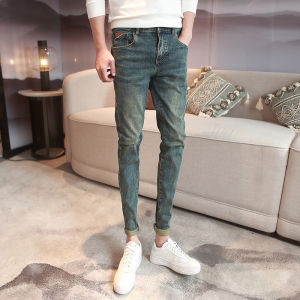 Spring Autumn Mens Slim Fit Jeans Elastic Comfortable Casual High End Fashion Brand Youthful Style mid Low Waist Zipper