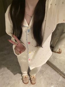 หนาขึ้น Air ผ้าฝ้าย ชุดนอน ผู้หญิง เสื้อผ้าประจําบ้าน ฤดูหนาว 2024 Polka Dot Print อุ่น ชุดนอน ลำลอง แขนยาว ปกเสื้อ ดีไซน์