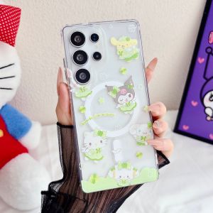 Sanrio | Lucky Four-Leaf Clover Sanrio Magnetic Stand Phone Case For Samsung S26Ultra S25 S24 S23 Plus For Magsafe Clear Cover With Chain