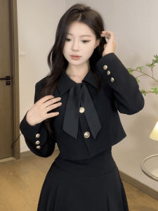 เสื้อแจ็คเก็ตสั้นสีดำสไตล์ฝรั่งเศส ทรงเอเอวสูง ชุดสองชิ้น ฤดูใบไม้ร่วง สำหรับผู้หญิงไซส์ใหญ่ เสื้อผ้าทำงานสไตล์เกาหลี