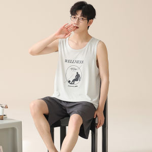 Miiow | Mens Ice Silk Sleepwear Summer New Style Cool Feeling Vest Loose Large Size Can Wear Outdoor Home Clothes Set Simple Design