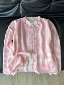 Korean Style Short Knitted Cardigan Womens Striped Outerwear Top Soft Comfortable Long Sleeve round Neck Warmth Fashion