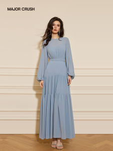 Waist Cinching Blue Mist Whisper French Style Vacation Long Dress