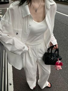 White Embroidered Loose Long Sleeve Womens Shirt Korean Style Casual Summer Sun Protection Top Outerwear Comfortable Lazy Style