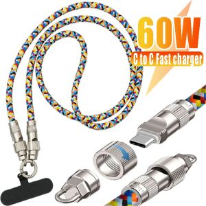 PD 60W USBC To C Charging Cable Multifunctional Data Type-C Fast Charger Wire Crossbody Phone Lanyard Strap for IPhone15 Samsung