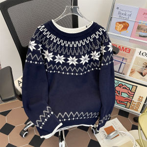 เสื้อสเวตเตอร์คอตั้งถักแบบหลวมๆ สำหรับผู้ชาย ฤดูใบไม้ร่วง/ฤดูหนาว ทรงหลวมๆ อบอุ่น ลาย Fair Isle สำหรับคู่รัก