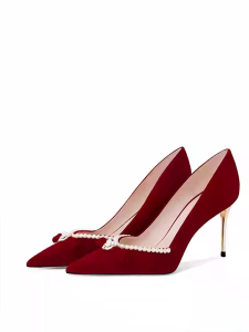 Red Chinese Style Pearl Tea Flower High Heels Womens Wedding Shoes Comfortable Thin Heel Fashionable Single Shoes for Brides