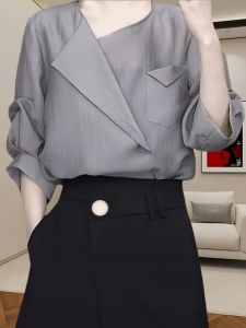 Áo Sơ Mi Nữ Dáng Rộng Mùa Hè Mới Sang Trọng Tay Ngắn Cổ Bẻ Thiết Kế Thanh Lịch Mỏng Thời Trang Thường Ngày Màu Trơn