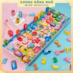 Đồ chơi gỗ xếp hình câu cá ghép số học đếm 63 chi tiết 5in1 Bộ bảng số thông minh đồ chơi gỗ cho bé