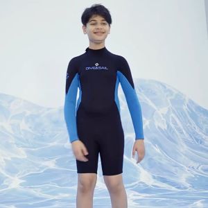 (แถมหมวก) ชุดว่ายน้ำเด็กชาย ของเด็กโต เก็บอุณหภูมิ 2.5MM เด็กโต  B.Pดำฟ้าแขนยาวขาสั้น