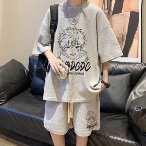 Mens Short Sleeve T-Shirt Set Summer Lightweight Loose Casual Sportswear Thin Fabric Comfortable Breathable Youth Fashion