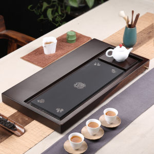 JinHong Black Ebony Stone Tea Tray Gongfu Tea Set for Home Use Solid Wood Black Gold Stone Tea Table Sea Drainage