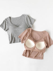 Short Sleeve with Chest Pad T-Shirt Womens Summer V Neck Silm Skinny Short High Waist Crop Top Half Sleeve T-shirt White