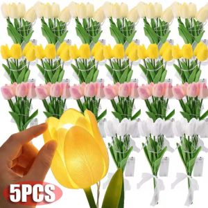 5Pcs Reusable LED Tulip Bouquet Realistic Glowing Lightweight Soft Warm Glow Wedding Anniversary Party Home Decor Artificial Hand-Held Flower Set