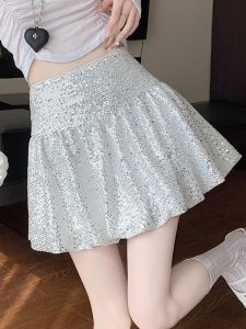 Váy Ngắn Xếp Ly Lấp Lánh Màu Trắng Cho Nữ Mùa Hè Cao Cấp Váy Chữ a Cạp Cao Chất Liệu Polyester Dài Thường