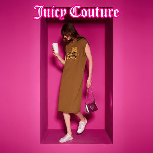 Juicy Couture Womens Summer 2025 Printed Loose Long Dress Comfortable Fit H-Shape Cotton Blend Short Sleeve Midi Dress