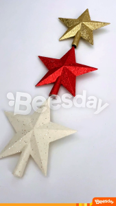 Topper Bintang Glitter 15cm (V61) | Hiasan Atas Pohon Natal Plastik Glitter Merah Emas Putih