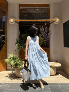 YUFUQING | Blue Summer New Style Womens Sleeveless Dress Beach Vacation Fashion High Waist A-Line Long Dress Versatile Casual Polyester Fiber