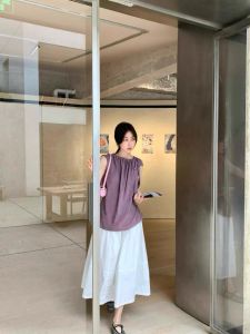 VKSOD | ชุดสองชิ้นสีม่วง ชุดทำงานสไตล์ฝรั่งเศสสำหรับผู้หญิง แขนกุด เอวสูง สไตล์หวานๆ ฤดูร้อน 2025 คอกลม