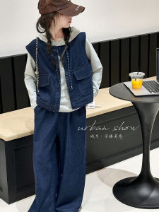 Fashionable Girls Spring Autumn Set Casual Breathable Moisture Wicking Warm Machine Washable Hooded Denim Jacket Wide Leg Pants