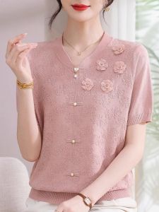 WANGGONGZHU | Elegant Ice Silk Short Sleeve Knitted T-Shirt Womens Summer Thin New Style Princess Commute Style Loose Fit Pure Color