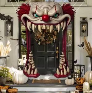 1Pc Vintage Halloween Scary Clown Porch Door Banner Photo Booth Prop for Halloween Themed Party Home Outdoor Decor