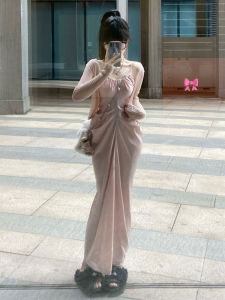 Elegant French Style Soft Pink Fairy Kimpapa Dress for Women with High Waist Midi Length Sling Dress with Long Sleeves