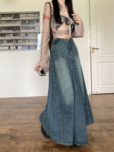 Retro Vintage Distressed Denim Half-skirt for Women High Waist A-line Long Skirt Wrap around Body Skirt Autumn Winter New Style