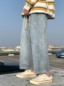 Retro Japanese Style Light Blue Straight Leg Mens Jeans Loose Casual Nine-Piece Cotton Canvas Youth Trend Autumn Wear