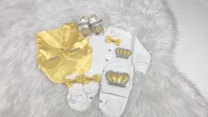 Luxury Baby Romper 0-9 Months 5Pcs Pure White Bright Gold Satin Vest Bow Rhinestone Crown Boutique Formal Gift