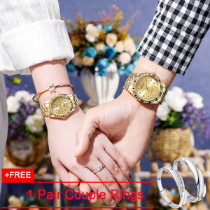 【Get Free Couple Rings】OURSTART New Arrival Factory Direct Fashion Couple Watches Gold Color Women Men Casual Stainless Steel Strap Alloy Case Quartz Waterproof Lover Watches Original Wristwatches for Women And Men [Buy 1 Get 1 Free Gifts]