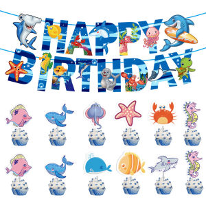 Summer Happy Birthday Party Banner Shark Decoration Cupcake Cake Decoration for Kid Shark Ocean Theme Birthday Baby Shower Party