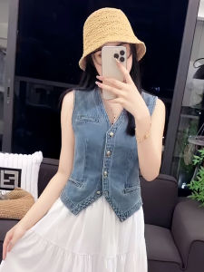 Womens Denim Vest Summer Small Size Hong Kong Style Retro Sleeveless V-Neck Top Versatile Outerwear Cotton Blend Shorts