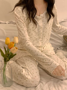 ชุดนอนผู้หญิง Tagkita ฤดูร้อน 2022 ลายดอกไม้ แขนยาว คอตั้ง กระโปรงยาวปานกลาง ผ้าโมดอล ชุดนอนให้นมเด็กแบบสองชิ้น